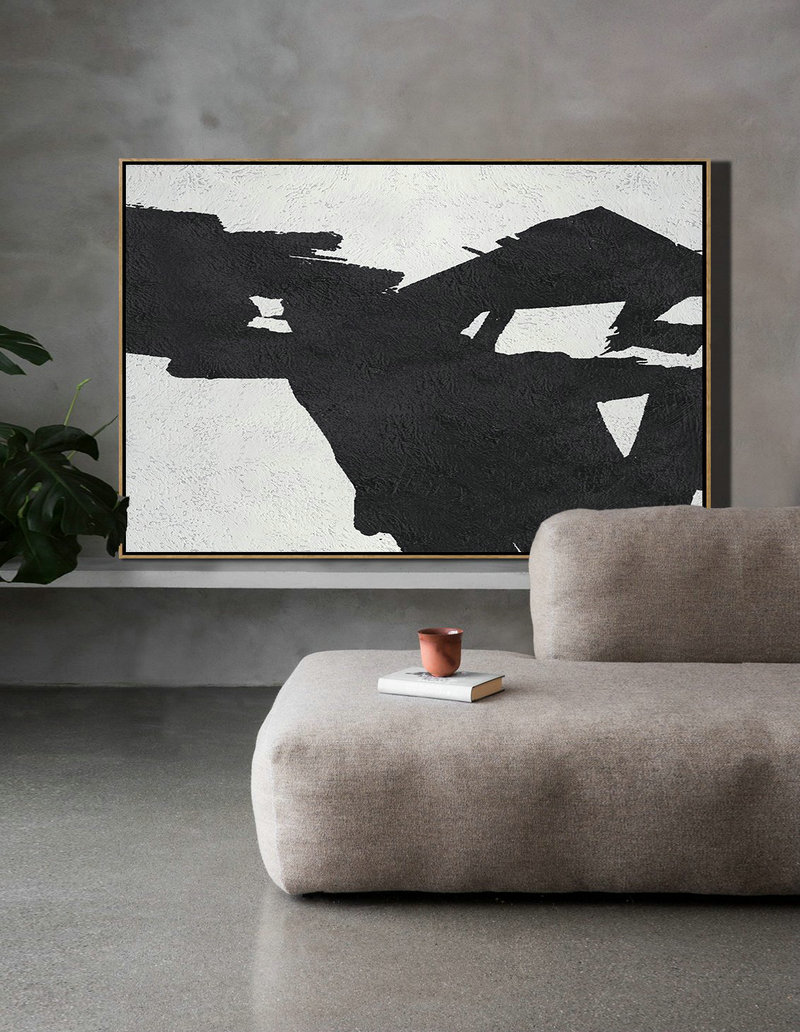 Large Paintings For Living Room,Hand Painted Oversized Horizontal Minimal Art On Canvas, Black And White Minimalist Painting - Living Room Canvas Art